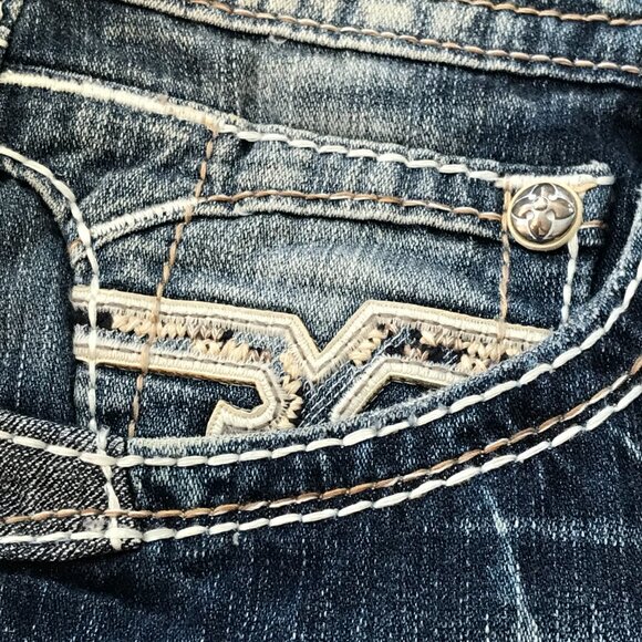 Rock Revival Suhul Straight Jeans Men 38x28 Blue Mid Rise Distressed Embroidered - Picture 15 of 16